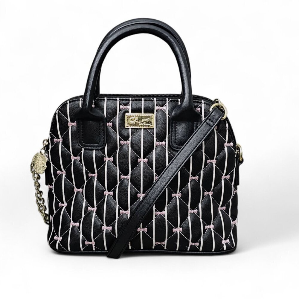 Betsey Johnson Quilted Embroidered Bows Dome Black and Pink Crossbody Bag